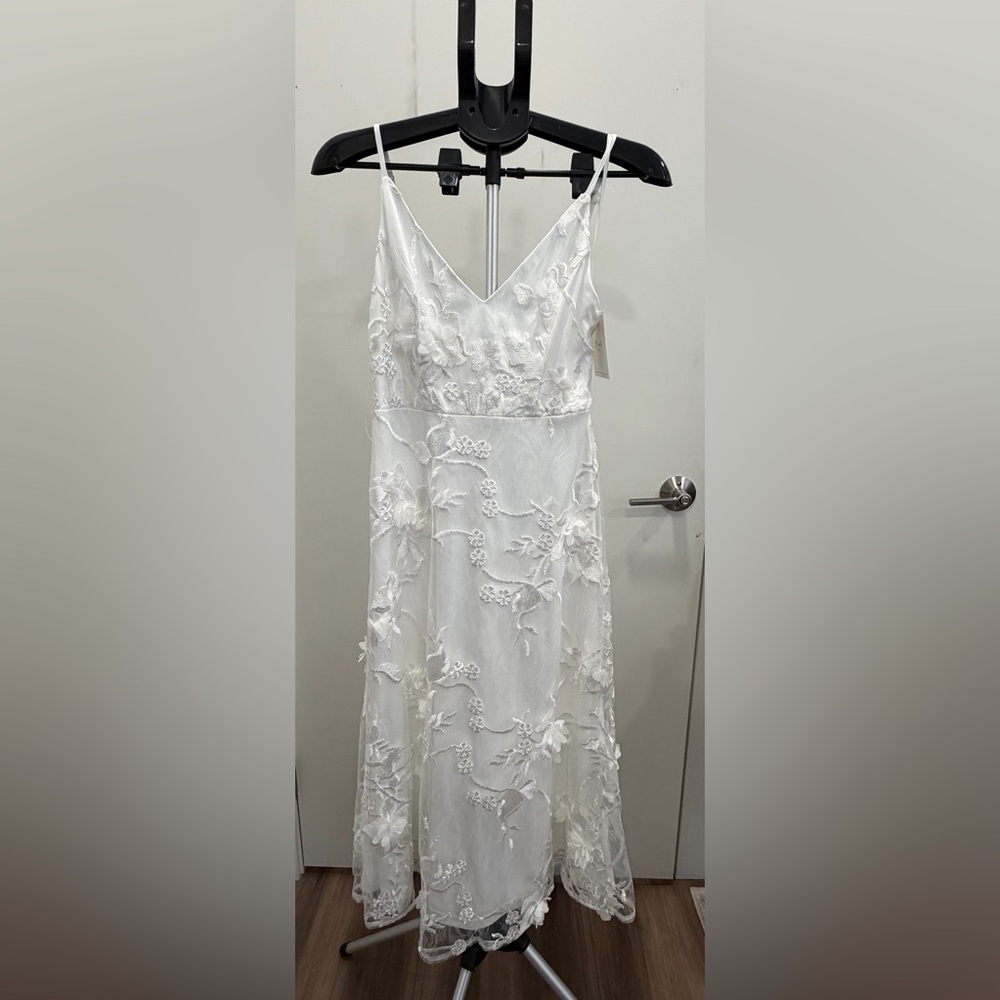 Bright the Label Midi Dress with Embroidered Lace Overlay in White